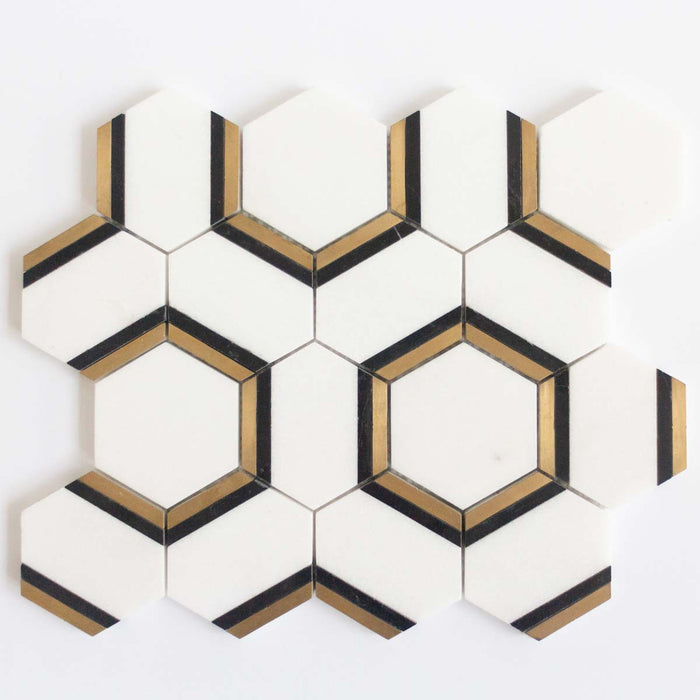 Stoneage Hexagon (75mm) Brass/Marble Mix Mosaic